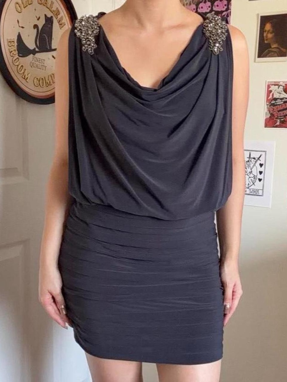 Sleeveless Black Draped Cocktail Dress with Embellished Shoulders